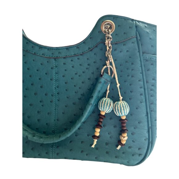 Teal Simulated Ostrich Faux Leather Shoulder Bag With Chain Handles - Picture 3 of 13